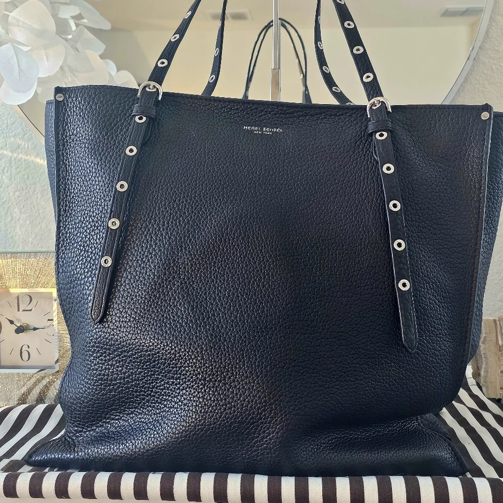henri bendel Black Leather Tote with Grommet Strap Details